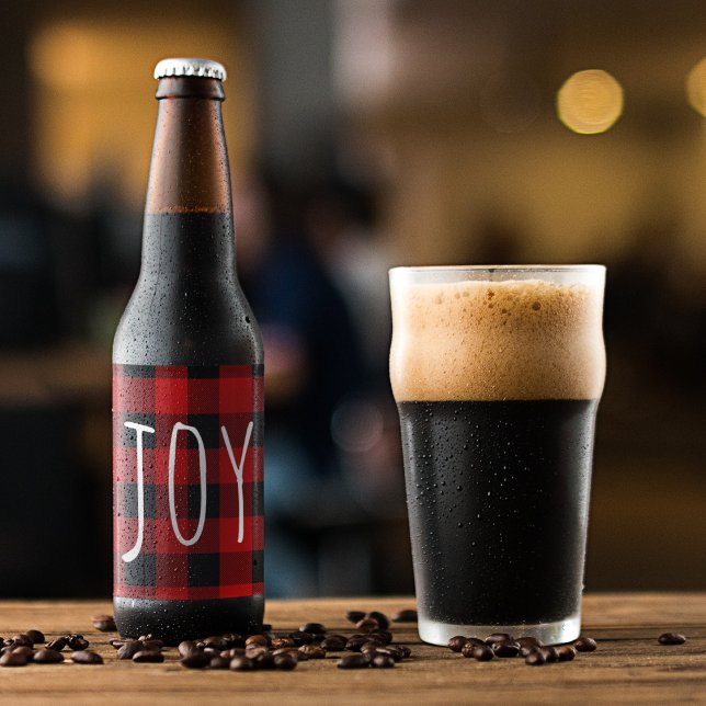 Red Buffalo Plaid & Joy | Happy Holiday Beer Bottle Label (Creator Uploaded)