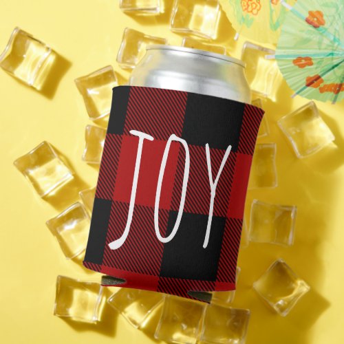Red Buffalo Plaid  Joy  Happy Holiday Can Cooler