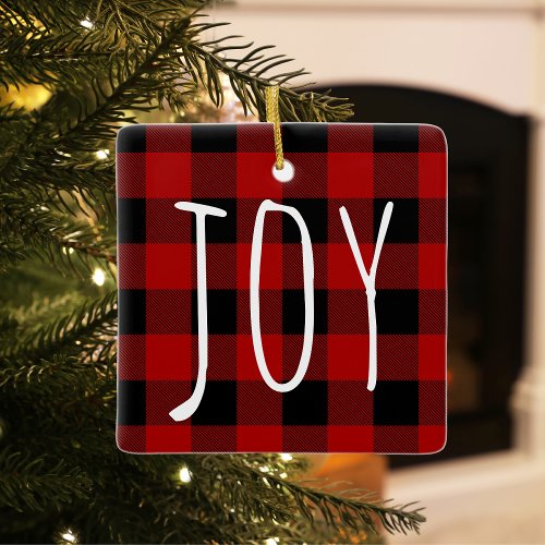 Red Buffalo Plaid  Joy  Happy Holiday Ceramic Ornament