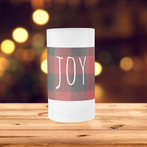 Red Buffalo Plaid  Joy  Happy Holiday Frosted Glass Beer Mug