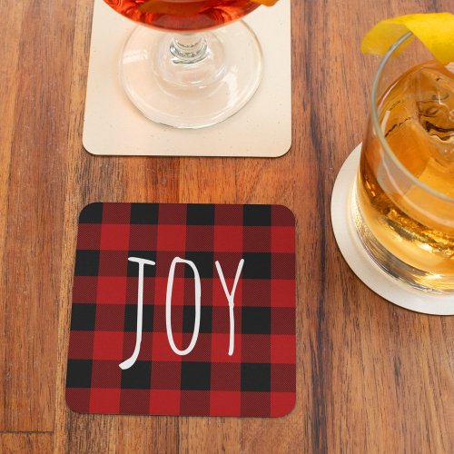 Red Buffalo Plaid  Joy  Happy Holiday Glass Coaster