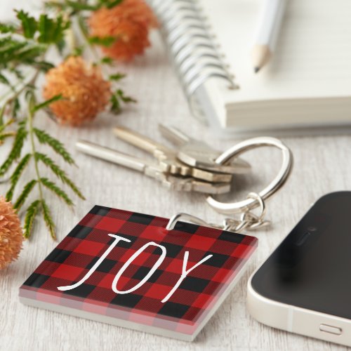 Red Buffalo Plaid  Joy  Happy Holiday Keychain