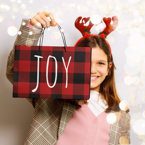 Red Buffalo Plaid  Joy  Happy Holiday Large Gift Bag