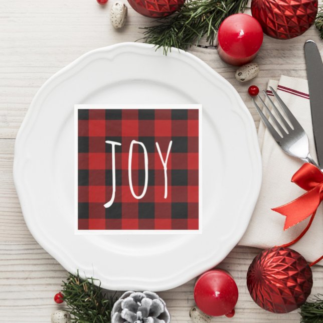 Red Buffalo Plaid & Joy | Happy Holiday Napkins (Creator Uploaded)