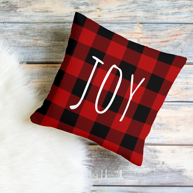 Red Buffalo Plaid & Joy | Happy Holiday Outdoor Pillow (Creator Uploaded)