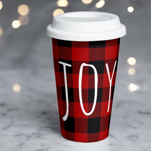 Red Buffalo Plaid  Joy  Happy Holiday Paper Cups