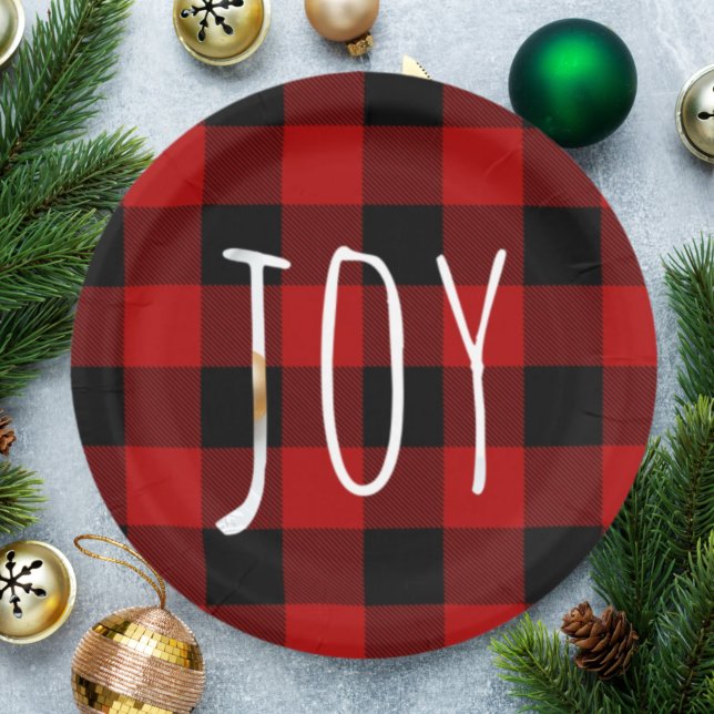 Red Buffalo Plaid & Joy | Happy Holiday Paper Plates (Creator Uploaded)