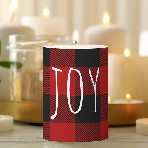 Red Buffalo Plaid  Joy  Happy Holiday Pillar Candle