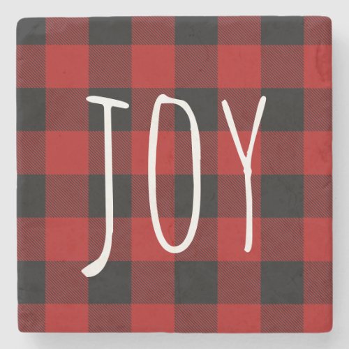 Red Buffalo Plaid  Joy  Happy Holiday Stone Coaster