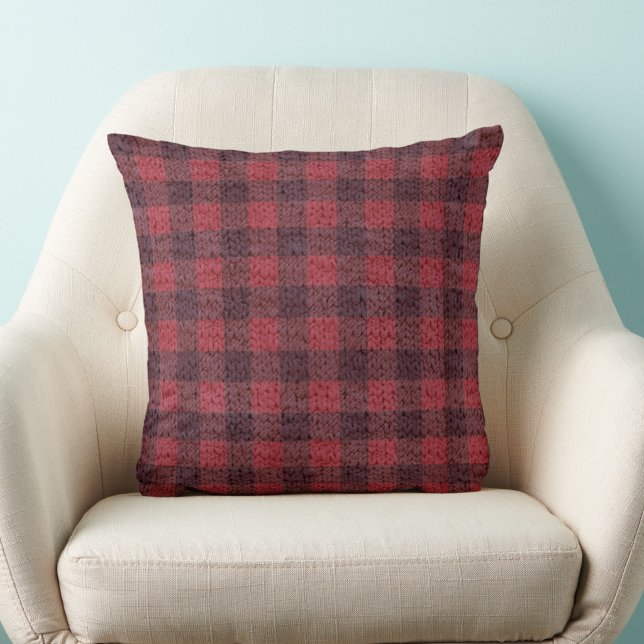 Red Buffalo Plaid Knit Pattern Winter Decor Throw Pillow (Creator Uploaded)