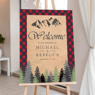 Red Buffalo Plaid Kraft Pine Wedding Welcome Sign