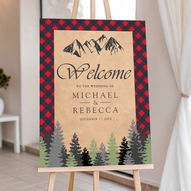 Red Buffalo Plaid Kraft Pine Wedding Welcome Sign (Creator Uploaded)