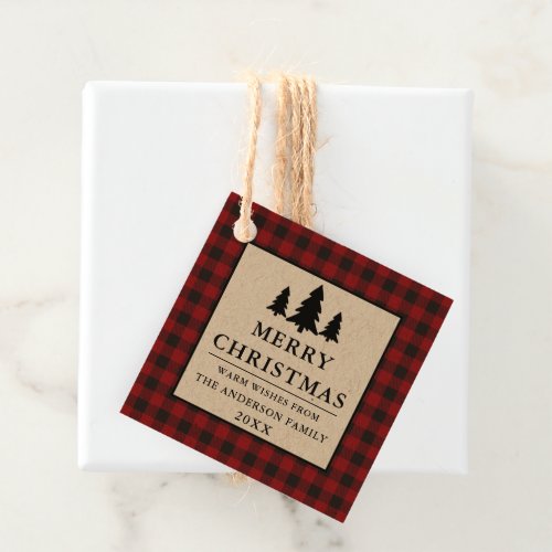 Red Buffalo Plaid Kraft Pines Merry Christmas Favor Tags