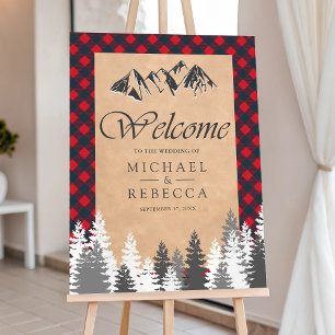 Red Buffalo Plaid Kraft Snow Wedding Welcome Sign 