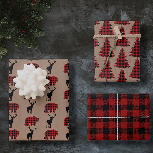 red buffalo plaid  kraft woodland christmas gift wrapping paper sheets