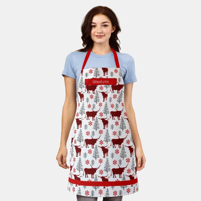 Red Buffalo Plaid Longhorn Pattern Apron (Worn)