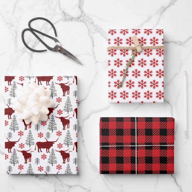 Red Buffalo Plaid Longhorn Pattern Wrapping Paper Sheets (Front)