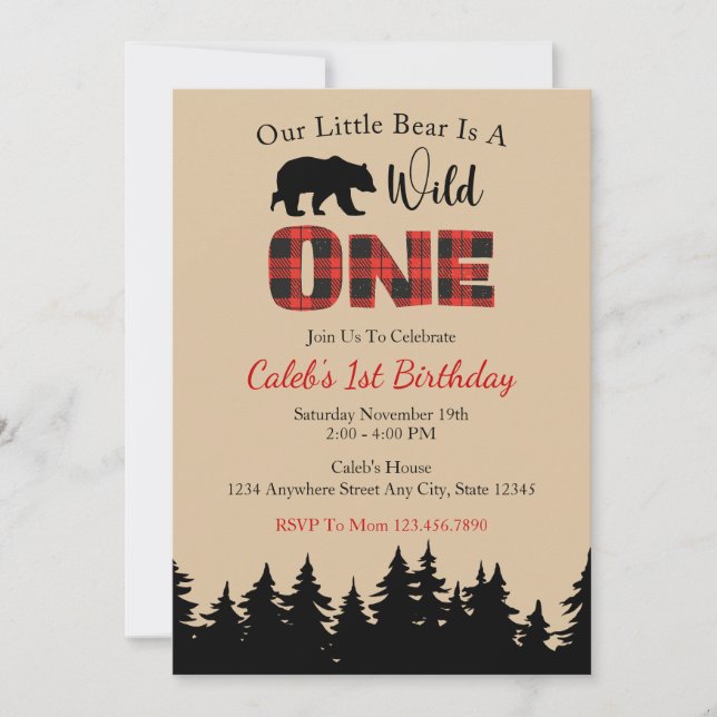 Red Buffalo Plaid Lumberjack 1st Birthday Invitation (Front)