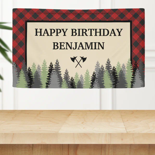 Red Buffalo Plaid Lumberjack Birthday Party Banner | Zazzle
