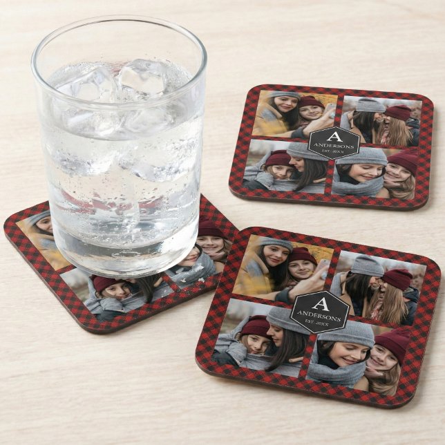 Red Buffalo Plaid Lumberjack Family Photo Collage Beverage Coaster (Creator Uploaded)
