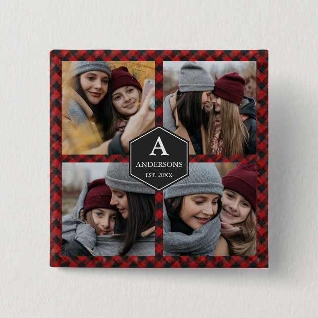 Red Buffalo Plaid Lumberjack Family Photo Collage Button (Front)