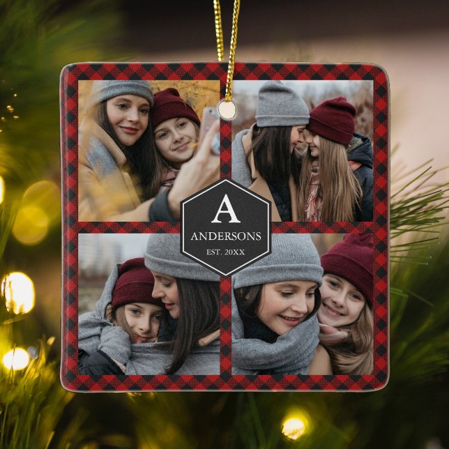 Red Buffalo Plaid Lumberjack Family Photo Collage Ceramic Ornament (Creator Uploaded)