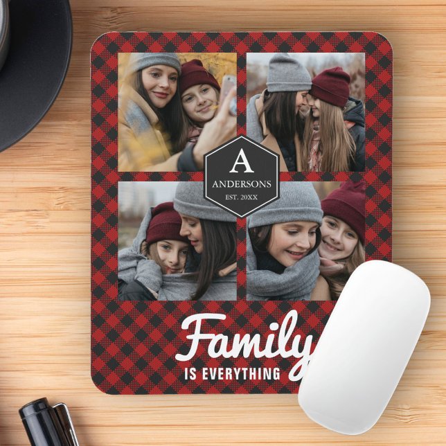 Red Buffalo Plaid Lumberjack Family Photo Collage Mouse Pad (Creator Uploaded)