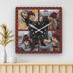 Red Buffalo Plaid Lumberjack Family Photo Collage Square Wall Clock<br><div class="desc">Upload your favorite photos to make your own unique personalized photo gift.</div>