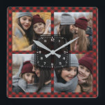 Red Buffalo Plaid Lumberjack Family Photo Collage Square Wall Clock<br><div class="desc">Upload your favorite photos to make your own unique personalized photo gift.</div>