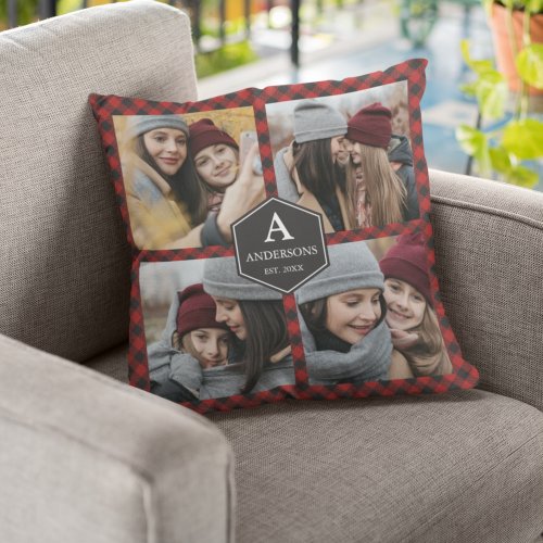 Red Buffalo Plaid Lumberjack Family Photo Collage Throw Pillow