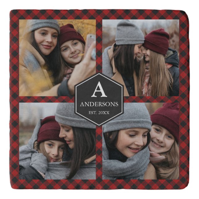 Red Buffalo Plaid Lumberjack Family Photo Collage Trivet (Front)