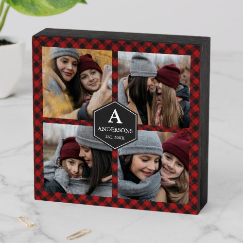 Red Buffalo Plaid Lumberjack Family Photo Collage Wooden Box Sign