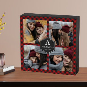 Red Buffalo Plaid Lumberjack Family Photo Collage Wooden Box Sign