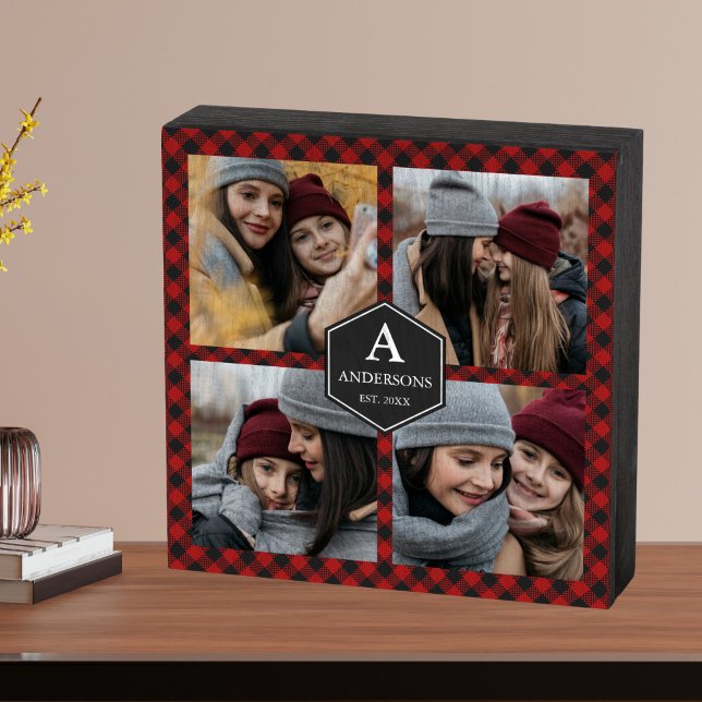 Red Buffalo Plaid Lumberjack Family Photo Collage Wooden Box Sign (Creator Uploaded)