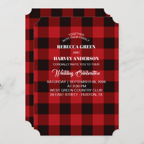 red buffalo plaid lumberjack rustic winter wedding invitation