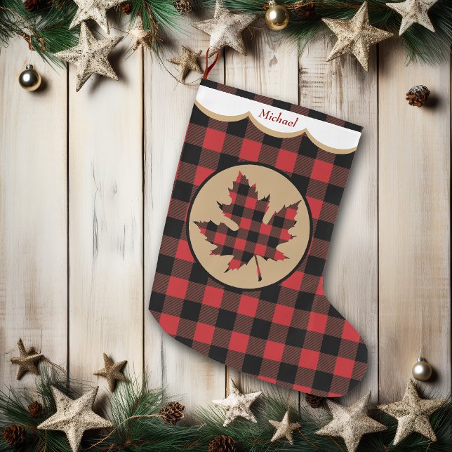 Red Buffalo Plaid Maple Leaf Personalized Large Christmas Stocking (Creator Uploaded)