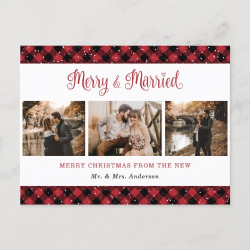 Red Buffalo Plaid Married and Merry Newlyweds Holiday Postcard