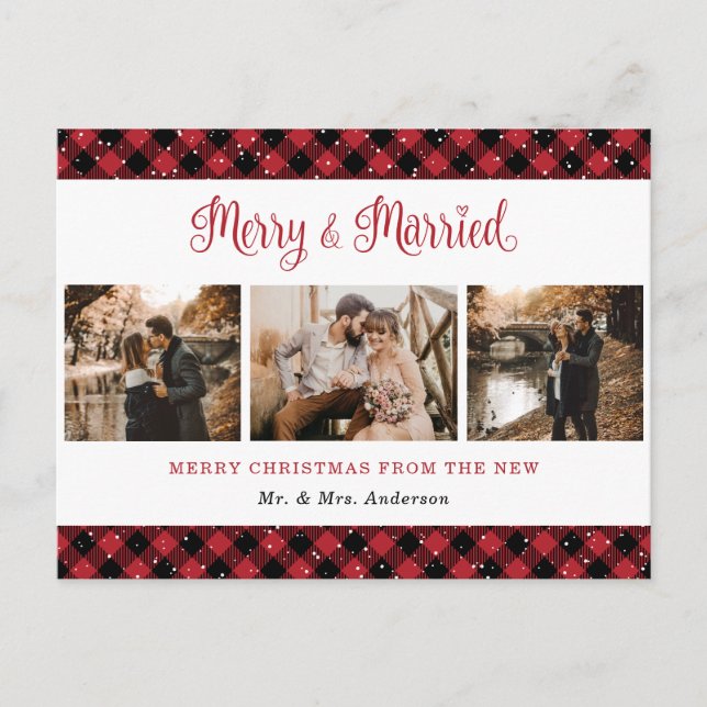 Red Buffalo Plaid Married and Merry Newlyweds Holiday Postcard (Front)