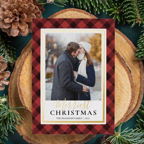 Red Buffalo Plaid Merriest Christmas Photo Foil Holiday Card