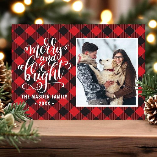 Red Buffalo Plaid Merry And Bright Christmas Photo Holiday Postcard