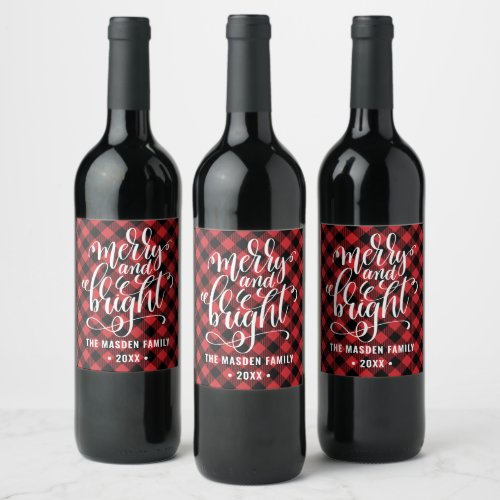 Red Buffalo Plaid Merry And Bright Christmas Wine Label