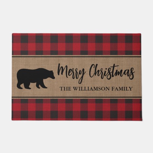 Red Buffalo Plaid Merry Christmas Bear Holiday Doormat