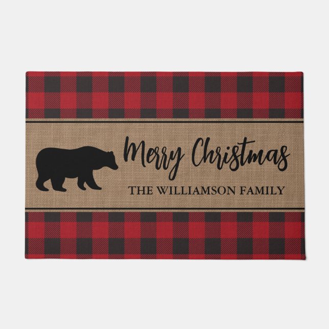 Red Buffalo Plaid Merry Christmas Bear Holiday Doormat (Front)