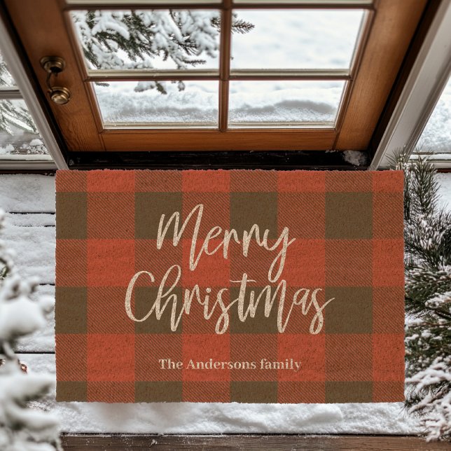 Red Buffalo Plaid Merry Christmas Coir Fiber Doormat (Creator Uploaded)