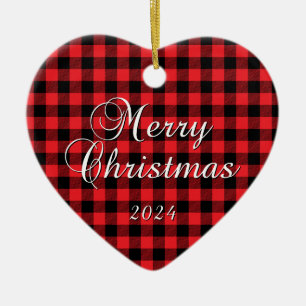 Red Buffalo Plaid Merry Christmas Couple Photo Ceramic Ornament
