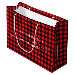Red Buffalo Plaid Merry Christmas Cute Bow Name Large Gift Bag