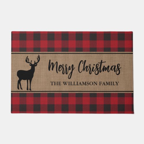 Red Buffalo Plaid Merry Christmas Deer Holiday Doormat