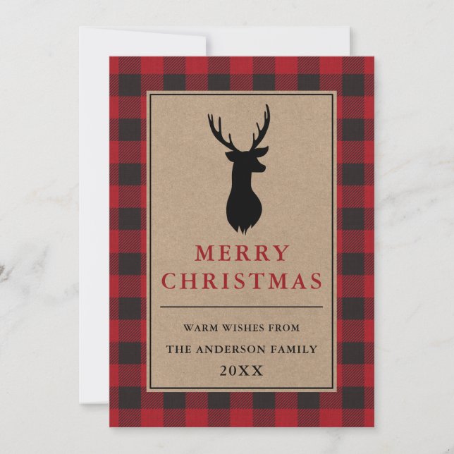 Red Buffalo Plaid Merry Christmas Deer Kraft Holiday Card (Front)