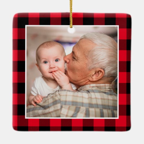 Red Buffalo Plaid Merry Christmas Grandpa Photo Ceramic Ornament