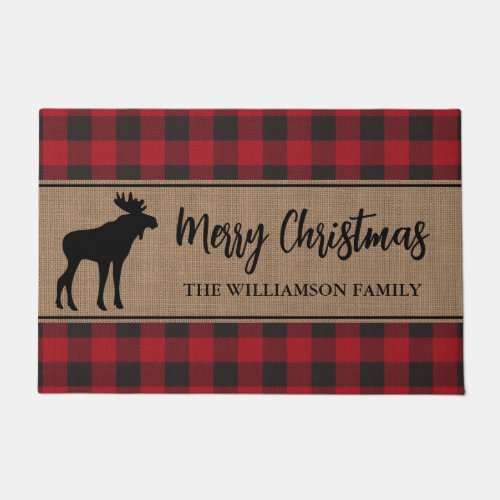 Red Buffalo Plaid Merry Christmas Moose Holiday Doormat